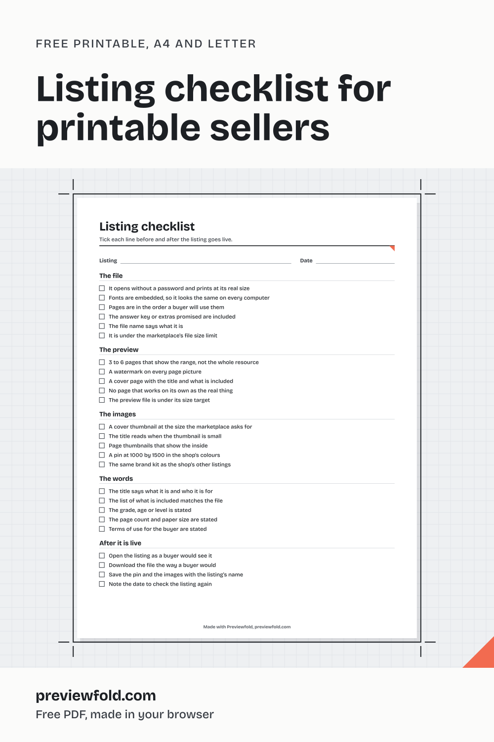 Preview of the listing checklist for printable sellers